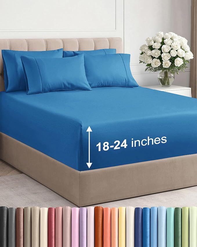Extra Deep Cal King Sheet Set - 6 Piece Breathable and Cooling Sheets - Hotel Luxury Bedding for Women, Men, Kids & Teens - Easy & Secure Fit - Soft and Wrinkle Free - Extra Deep Pockets - Denim Blue