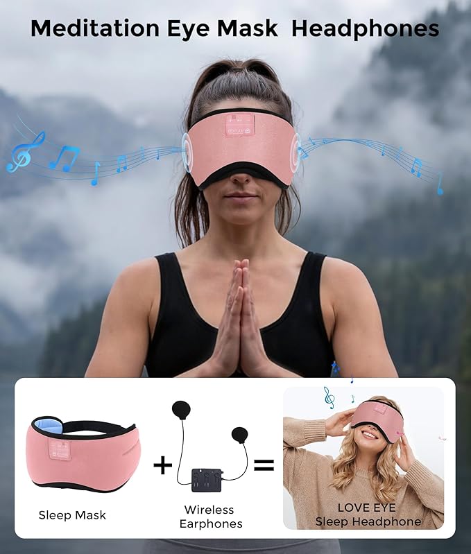 LOVE EYE Sleep Headphones Bluetooth 5.4 Sleeping Eye Mask Wireless Music Earphones with HD Speakers for Side Sleepers Total Blackout Cotton Mask for Travel, Office, Unique Gifts (Pink)