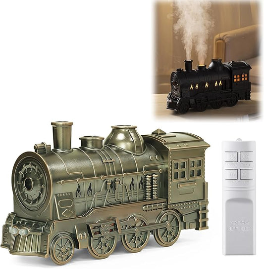 300ML Vintage Train Diffuser & Cool Mist Humidifier with Steam Effect, Remote Control, Dual Modes & Warm Blue LED Light (Silver, With remote control)