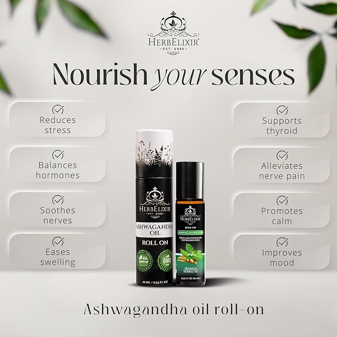 Ashwagandha Oil Roll-On (10ml) – Topical Adaptogenic Relief for Stress, Calm & Hormone Balance – Withanolides Aromatherapy Oil