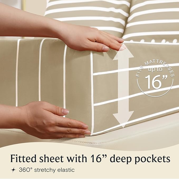 LuxClub 4 PC Queen Size Sheet Set, Breathable Luxury Bed Sheets, Deep Pockets 18" Wrinkle Free Cooling Machine Washable Hotel Bedding (Striped Cream)