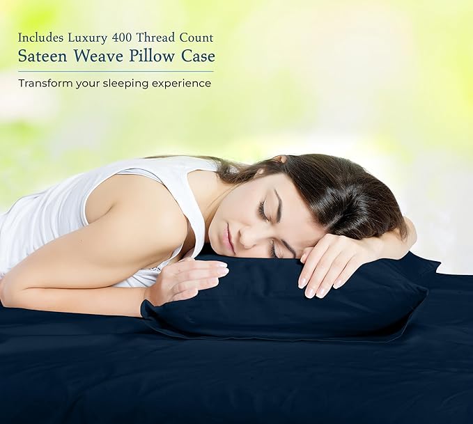 ROYALE LINENS 400 Thread Count 100% American Grown Cotton 4 Piece Sateen King Sheet Set - 1 Fitted Sheet, 1 Flat Sheet, 2 Pillow case - Navy King Bedsheet - Cotton Sheets - (King, Rivera Navy)