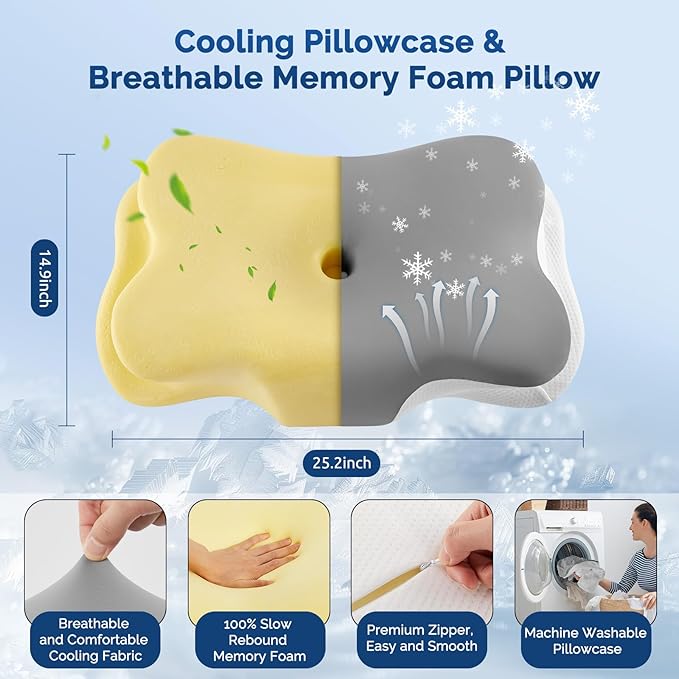 Heated Cervical Pillow for Neck Pain Relief, Ergonomic Contour Orthopedic Memory Foam Pillow for Neck Support, USB Heating with Adjustable Temp Settings