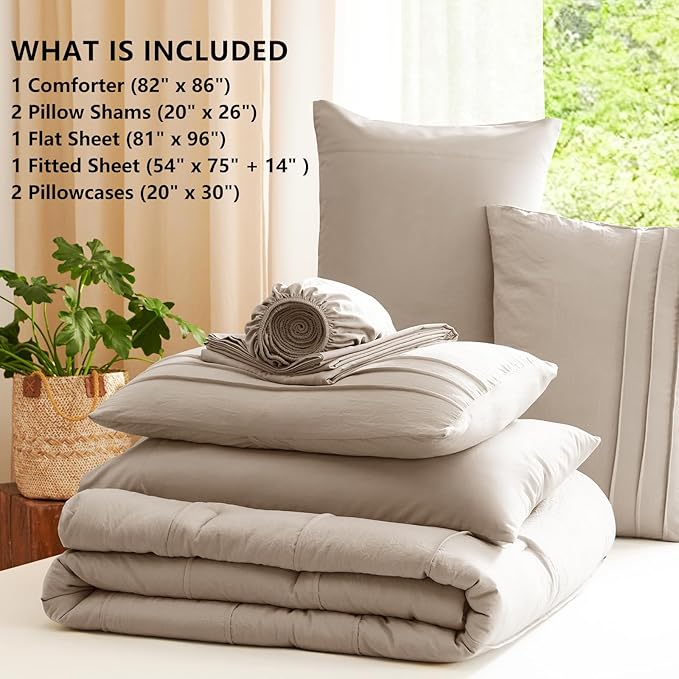 CozyLux Full Size Comforter Sets Wheat, 7 Pieces Soft Pinch Pleat Bed in a Bag Full Comforter Set with Sheets, Boho Bed Set with Down Alternative Comforter, Sheets, Pillowcases & Shams