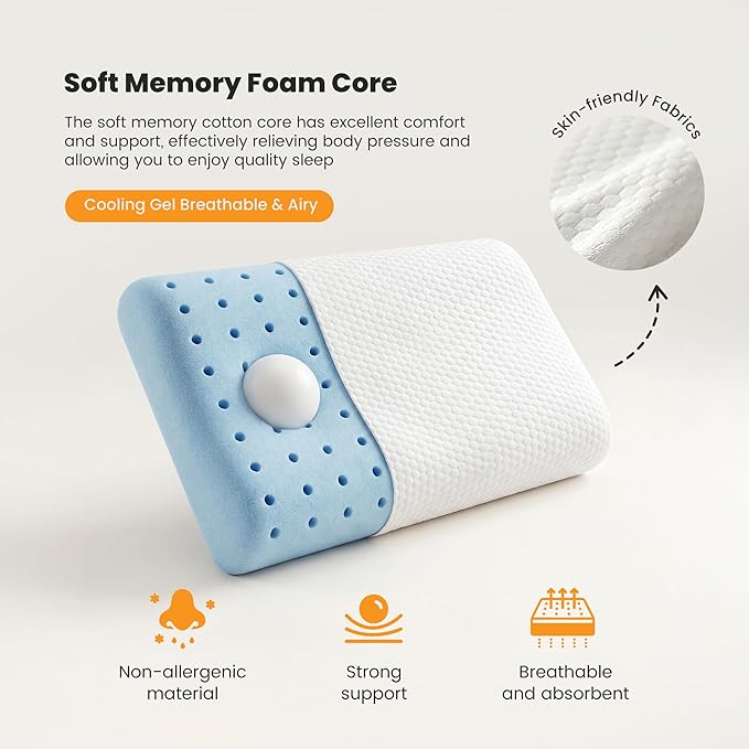 NEWBULIG Cooling Gel Memory Foam Pillow for Neck Pain Relief - Breathable Mesh with Washable Cover Standard Size Bed Pillows for Side & Back Sleepers, CertiPUR-US & Oeko-TEX Certified, 2 PCS, White