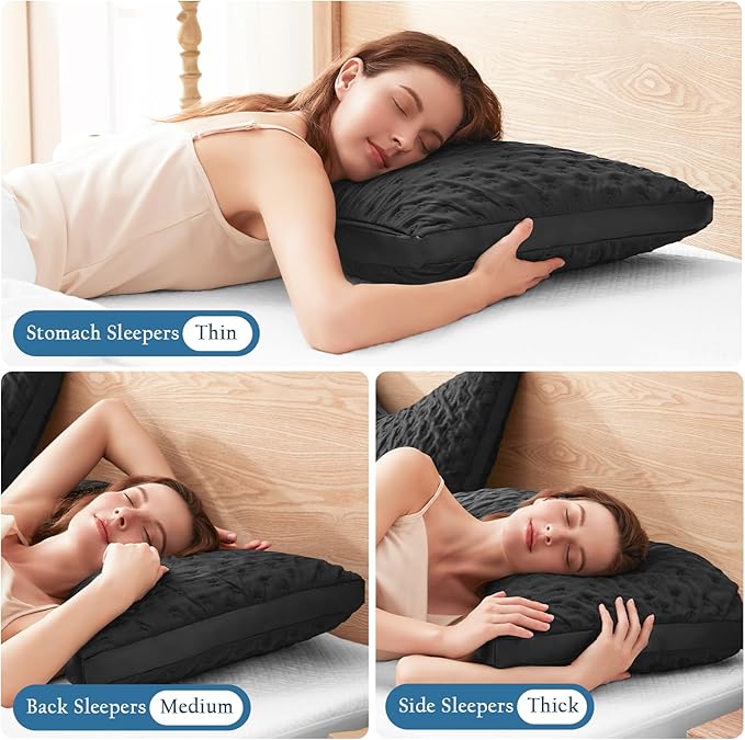 Cooling Side Sleeper Pillow for Neck and Shoulder Pain, Luxury Shredded Memory Foam Curved Gusseted Bed Pillows for Sleeping Adjustable Queen Size - Washable Cover Crescent Black