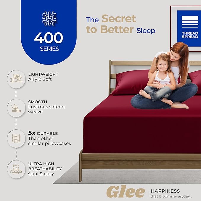 Thread Spread 100% Cotton King Size Pillow Cases Set of 2 - Luxury 400 Series Glee Collection Pillow Cases King Size (Burgundy), Soft Cooling Breathable & Durable Sateen Hotel Cotton Pillowcases