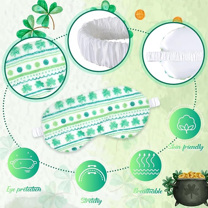 Cuffbow 6 Pack Plush Sleep Mask Set, Cute Plush Eye Masks for Sleeping, Soft Comfortable Travel Nap Blindfold, Sleepover Party Favors for Women(Four Leaf Clover,Green)
