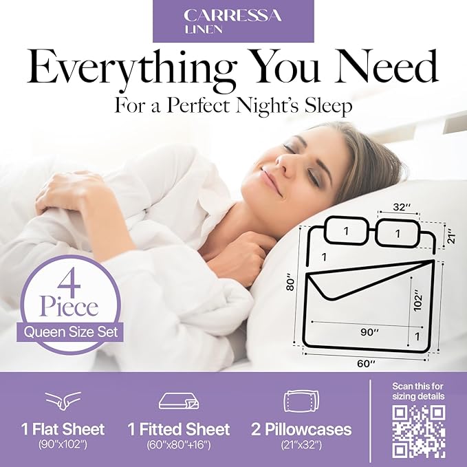 Carressa Linen 100% Egyptian Cotton Queen Sheet Set - 600 Series Hydrangeas Collection Egyptian Cotton Queen Sheets Set (4 PC, Dark Grey), 16" Deep Pocket Sateen Weave Luxury Hotel Bed Sheet
