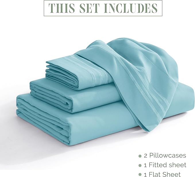 Elegant Comfort Luxurious 1500 Premium Hotel Quality Microfiber Three Line Embroidered Softest 4-Piece Bed Sheet Set, Wrinkle and Fade Resistant, RV Short Queen, Aqua
