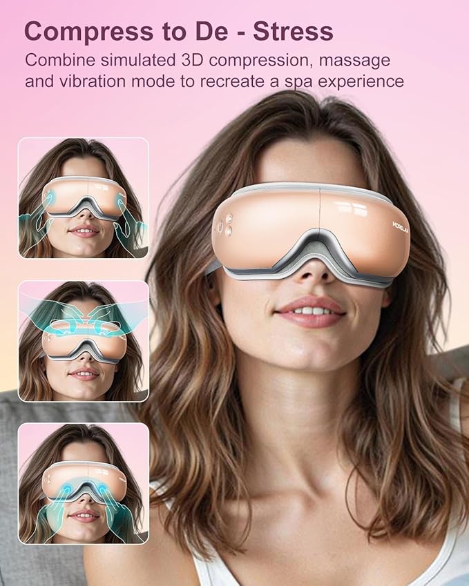 Morelax Eye Massager with Heat & Bluetooth Music, Birthday Gifts for Women, Reduce Eye Strain, Headache Relief and Improve Sleep, Eye Care Gift（Pink）
