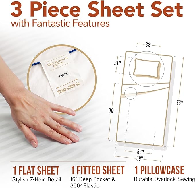 TEXAS LINEN CO. Luxury Egyptian Cotton Twin Size Sheet Set - Texan Talkin' Damask 600 Series 3 PC Deep Pocket Fitted and Flat Sheets, Extra Long Staple Fully Bedding, Dorm Room Sheets - White Stripe