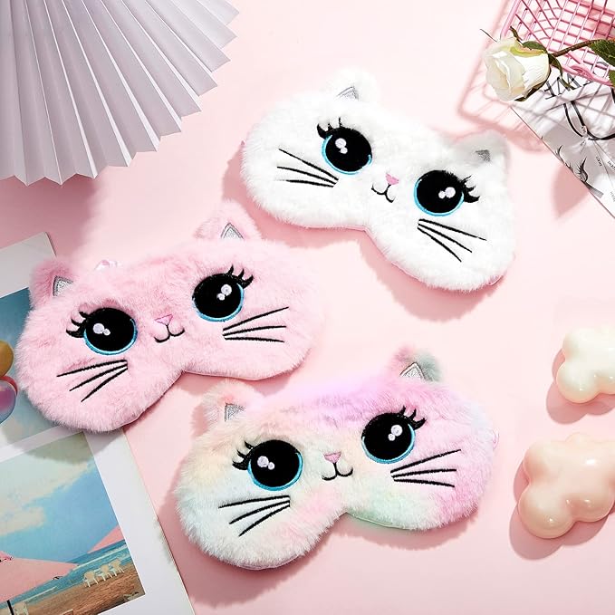 Geyoga 3 Pcs Sleep Mask for Kids, Girls Plush Sleeping Eye Cover Soft Eye Blindfold Cover Animal Shade for Kids(Colorful,Cat Style)