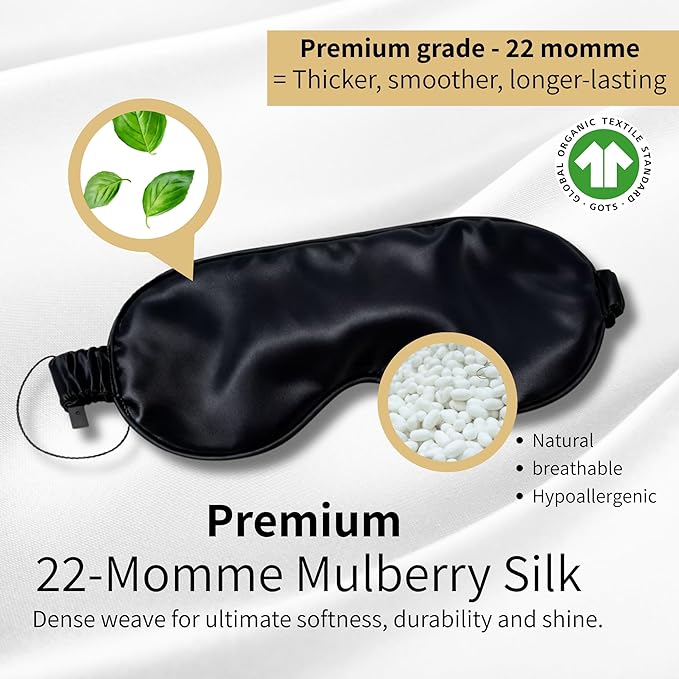Silk Sleep Mask for Women & Men – 100% Mulberry Silk Eye Mask for Sleeping, 22 Momme, Soft & Light Blocking, Hypoallergenic, Black Silk Sleep Mask for Deep Restorative Sleep – by LUNARA