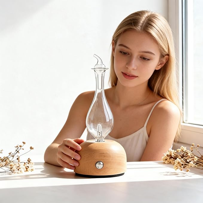 Waterless Essential Oil Diffuser - Electric Wood Glass Ultrasonic Fragrance Aromatherapy Scent Aroma Diffuser for Home Bedroom, Cold Air Smart Therapy Nebulizing Aromas Difusor para Casa