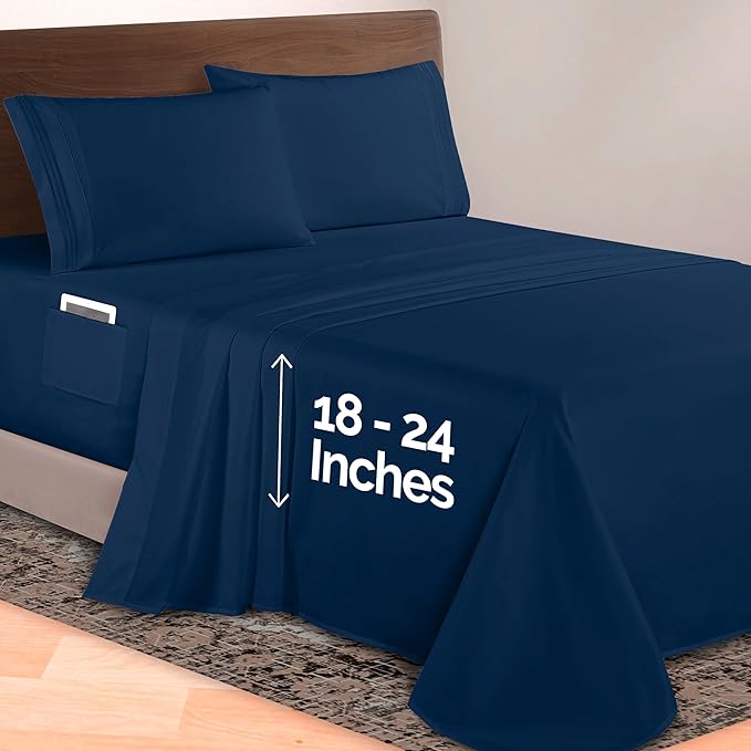 Elegant Comfort Luxurious 1500 Premium Hotel Quality Microfiber 4-Piece Sheet Set, 18-24 Inches Deep - Extra Deep Pocket Sheets - Ultra Soft 4PC Deep Pocket Sheets, California King, Navy Blue