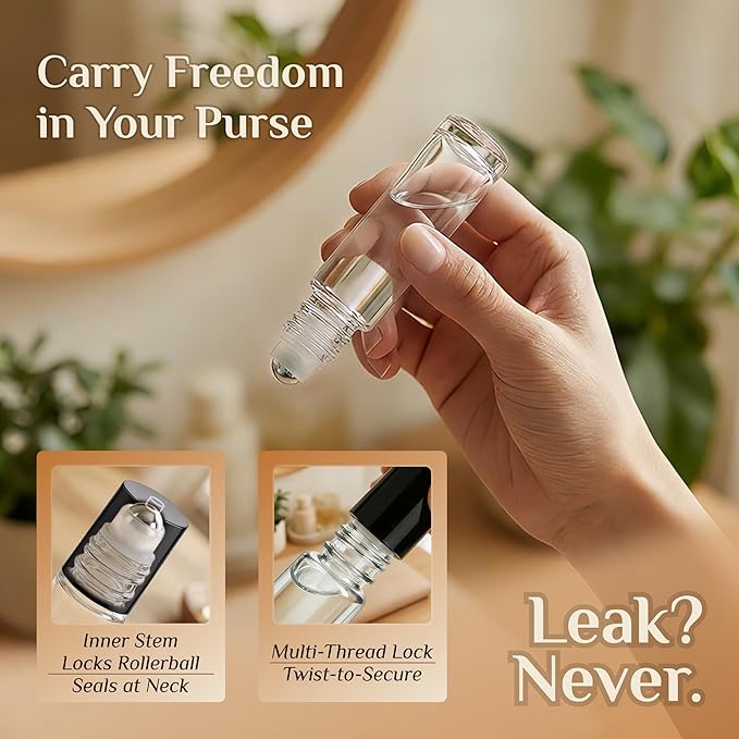 PrettyCare 4 Pack, 10 ml Essential Oil Roller Bottles with Stainless Steel Roller Ball - Refillable Leak-proof Empty Thick Clear Glass Roll on Bottles with Black Caps for Travel, Perfume