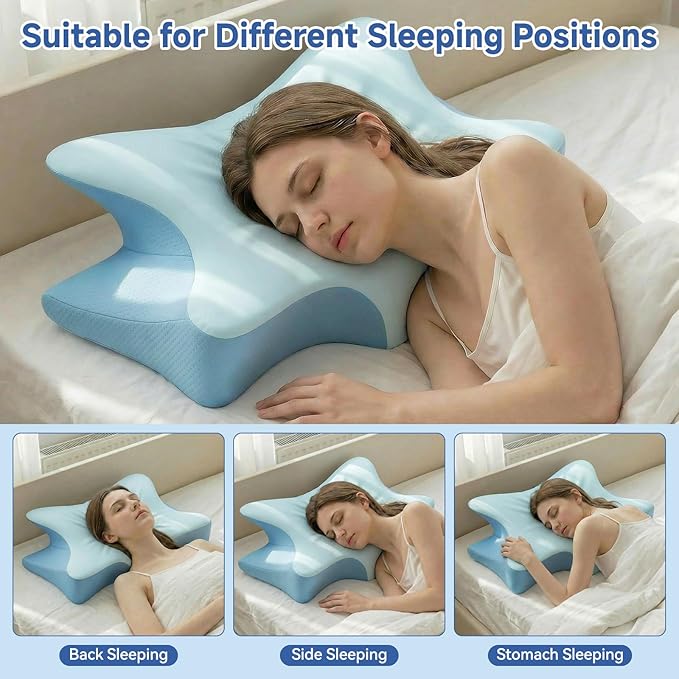 Cervical Neck Pillow for Pain Relief & Sleeping, Ergonomic Posture Pillow Neck Support, Cooling Memory Foam, Orthopedic Contour Pillow for Side Back Stomach Sleepers, Blue