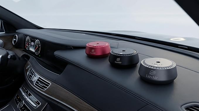 LuvAir Smart waterless car Aroma Diffuser Set, Adjustable Ultra Sonic-Mist Technology, Rechargeable, 100% Natural Fragrance, Aromatherapy Oil Scent Included (Red, Peach Lumiere)