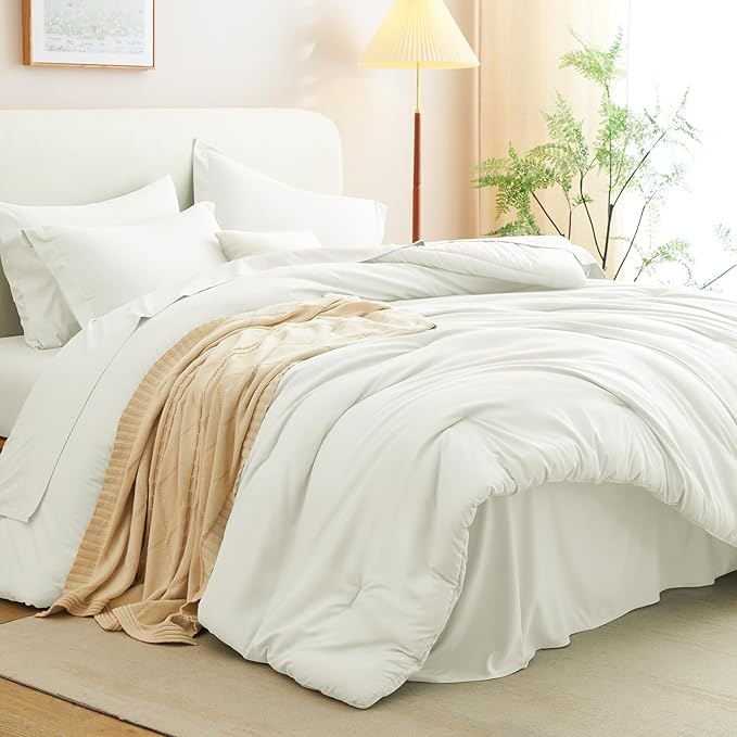 CozyLux Queen Comforter Set Ivory, 7 Pieces Bed in a Bag Queen Comforter Set with Sheets, Luxury Soft Bedding Sets with Down Alternative Comforter, Fitted Sheet, Flat Sheet, Pillowcases & Shams