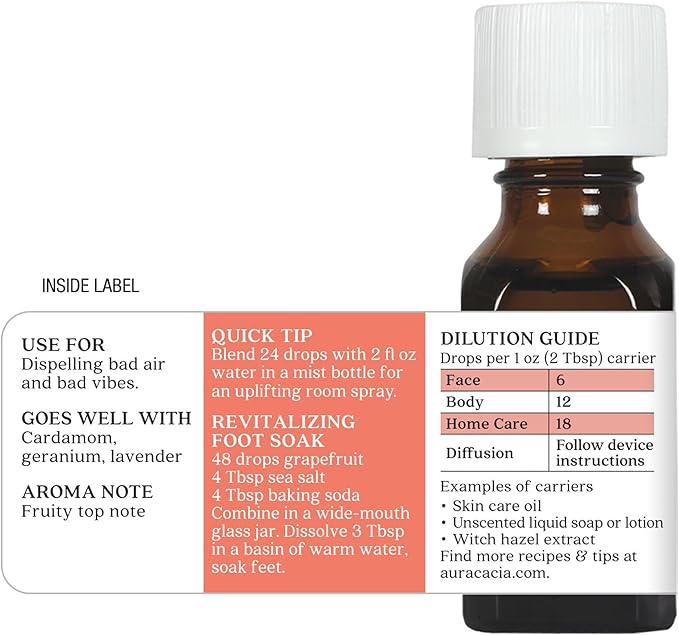 Aura Cacia Grapefruit Essential Oil, Pure Citrus Paradisi Oil, Fresh Fruity Aroma for Diffusers, Body Care, Cleaning and DIY Blends | 0.5 Fl Oz (Pack of 1)