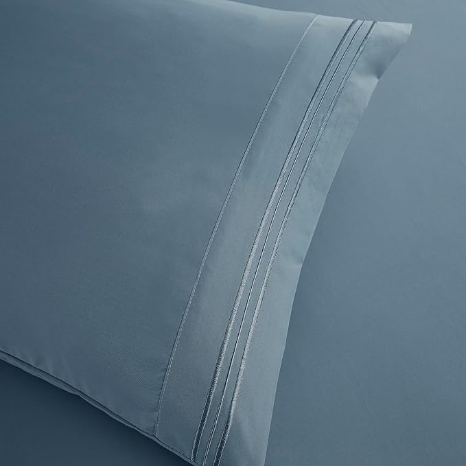 Clara Clark Bed Sheets, Premier 1800 Series Bed Sheet Set, Deep Pocket, Wrinkle, Fade, Stain Resistant, Luxury Soft Bedding Sheets & Pillowcases, Queen, Stone Blue