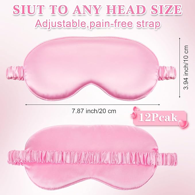 Cutecrop 12 Pcs Silk Sleep Masks Soft Satin Eye Masks with Adjustable Elastic Strap for Sleeping Comfortable Blindfold Eyeshade for Women Men Nap Night Travel Gifts (Pink)