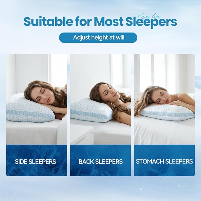 QUTOOL Cooling Pillows for Hot Sleeping, Shredded Memory Foam Pillows Queen Size Set of 1,Adjustable Soft & Firm Gel Bed Pillow for Side, Back, Stomach Sleepers