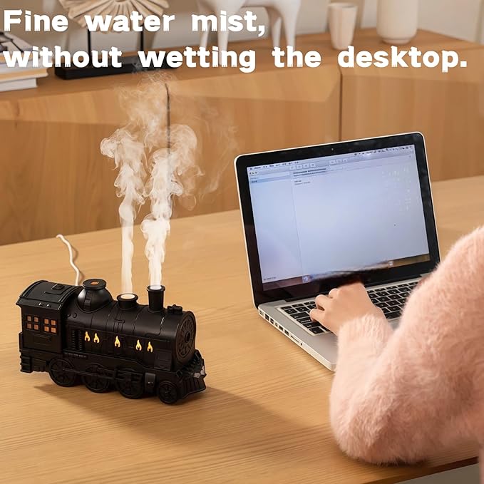 300ML Vintage Train Diffuser & Cool Mist Humidifier with Steam Effect, Remote Control, Dual Modes & Warm Blue LED Light (White, Without remote control)