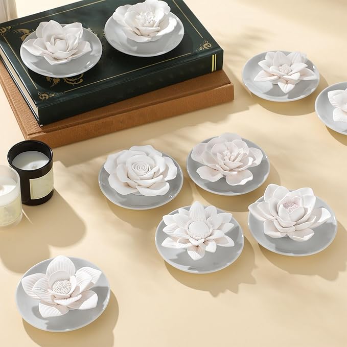 Bokon 9 Pcs Passive Essential Oil Diffuser Flower Style Non Electric Porcelain Aromatherapy Diffusers for Gifts Room Decorative(White)