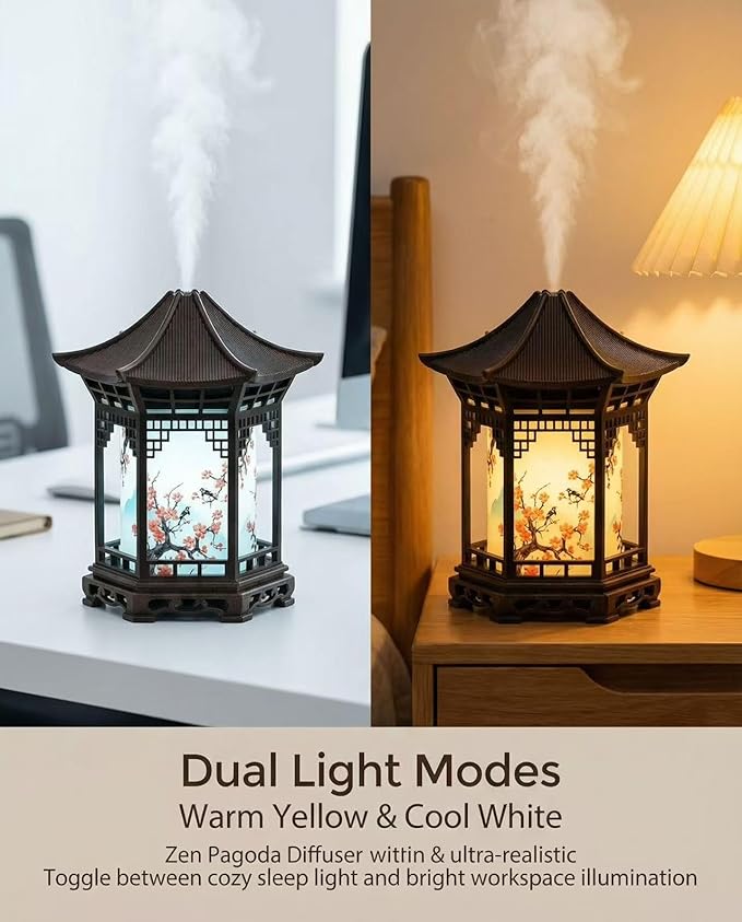 2-in-1 Aroma Diffuser & Night Light - Ultrasonic Essential Oil Diffuser & Cool Mist Humidifier with 2 Modes, Japanese Lantern Style Home Decor Diffuser for Bedroom, Office, Yoga (Light Color)
