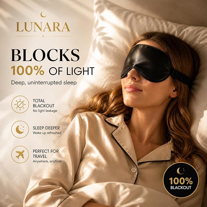 Silk Sleep Mask for Women & Men – 100% Mulberry Silk Eye Mask for Sleeping, 22 Momme, Soft & Light Blocking, Hypoallergenic, Black Silk Sleep Mask for Deep Restorative Sleep – by LUNARA