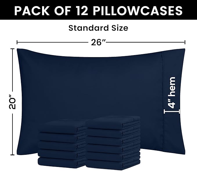 Utopia Bedding Standard Pillow Cases - 12 Pack - Envelope Closure - Soft Brushed Microfiber Fabric - Shrinkage and Fade Resistant Pillow Covers Standard Size 20 X 26 Inches (Standard, Navy)