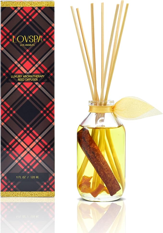 Reed Diffuser Set, Spiced Pomander Orange Cinnamon Scented Oil Diffuser with Sticks, Home Fragrance Accessories for Bathroom Shelf Decor, Aroma Diffusers for Home or Office Desk, USA Made