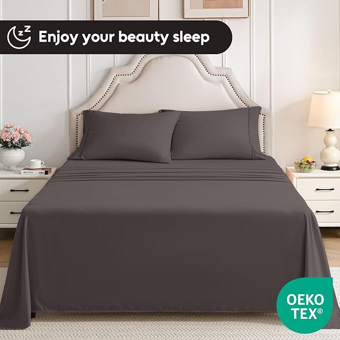 Queen Sheet Set, 4 Pieces Hotel Luxury Soft Microfiber Queen Bed Sheets Set, Up to 16" Deep Pockets, Oeko-Tex Sheets with Elastic, Breathable, Wrinkle Free (Dark Gull Gray,Queen)