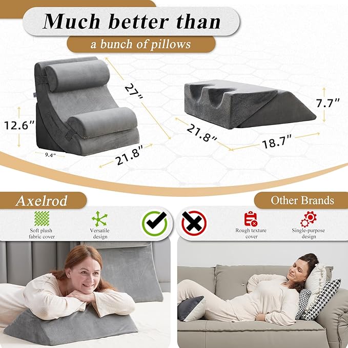 Axelrod 6PCS Orthopedic Bed Wedge Pillow Set, Post Surgery Foam for Back, Neck and Leg Pain Relief Comfortable & Adjustable Pillows- Anti Snoring, Heartburn, Acid Reflux & GERD Sleeping Grey