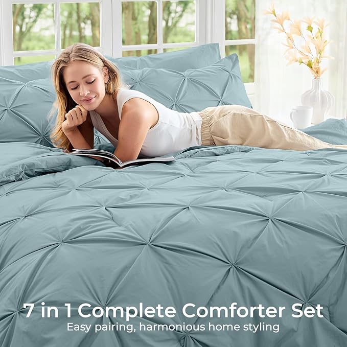 Sasttie Twin XL Comforter Set, 5-Piece Bed in a Bag, Pintuck Bedding Sets for All Season, Includes Comforter, Flat Sheet, Fitted Sheet, Pillowcase and Pillowsham, Greylish Blue