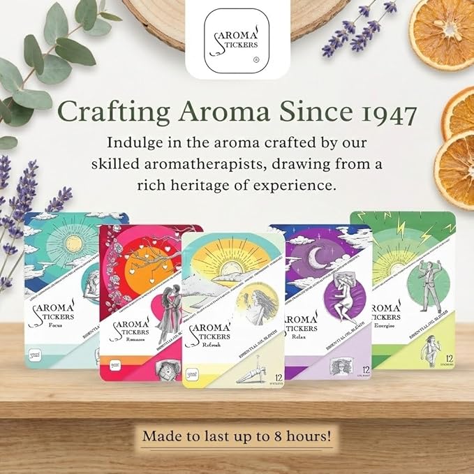 AROMA STICKERS® Original Blend ENERGIZE - 100% Natural Essential Oil Scented Diffuser Sticker - Aromatherapy for Personal Space - Towels, Blankets, Face Mask & Pillow (Pack of 3, 36 Stickers Total)