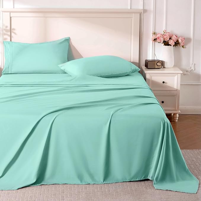 ROSE&RISY Light Green Twin Sheet Set, 3 Pieces Soft Bedding Sheet Set, Breathable and Cooling,Includes Fitted, Flat, Pillow Cases - Deep Pocket (Light Green, Twin)