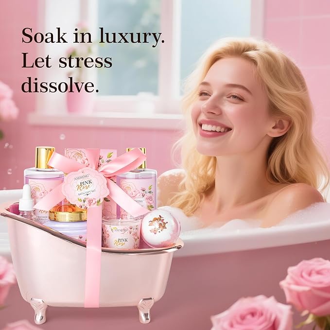 Bath and Body Gift Basket Set Mothers Day, 16 Pcs Luxury Rose & Vanilla Scent Spa Gift Basket Set for Women, Watermelon Body Scrub, Perfect Bath & Body Gift Set, Home Spa Bath Pamper Gifts Teens