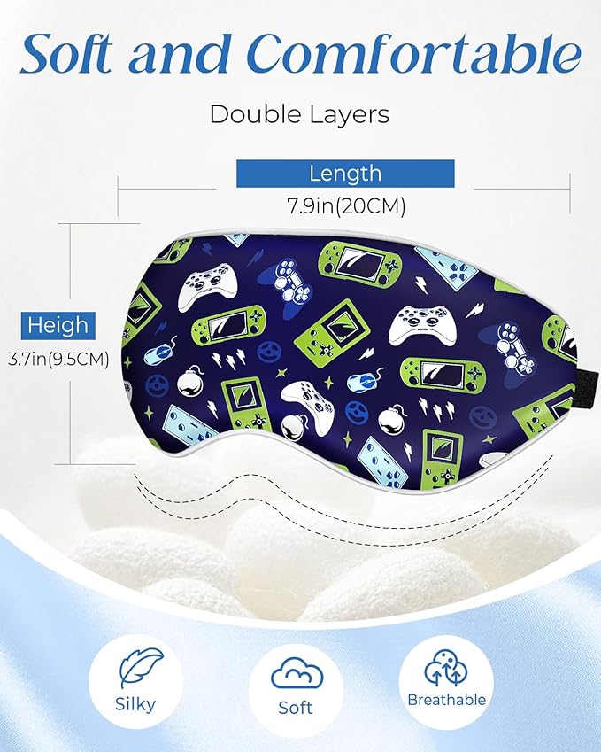 Miss Adola Sleep Mask for Kids - Cute Kawaii Cartoon Silk Sleeping Mask with Adjustable Strap Soft Smooth Light Eye Mask for Sleeping Silk Kids Eye Cover for Boys Girls Teens, BU Green Game