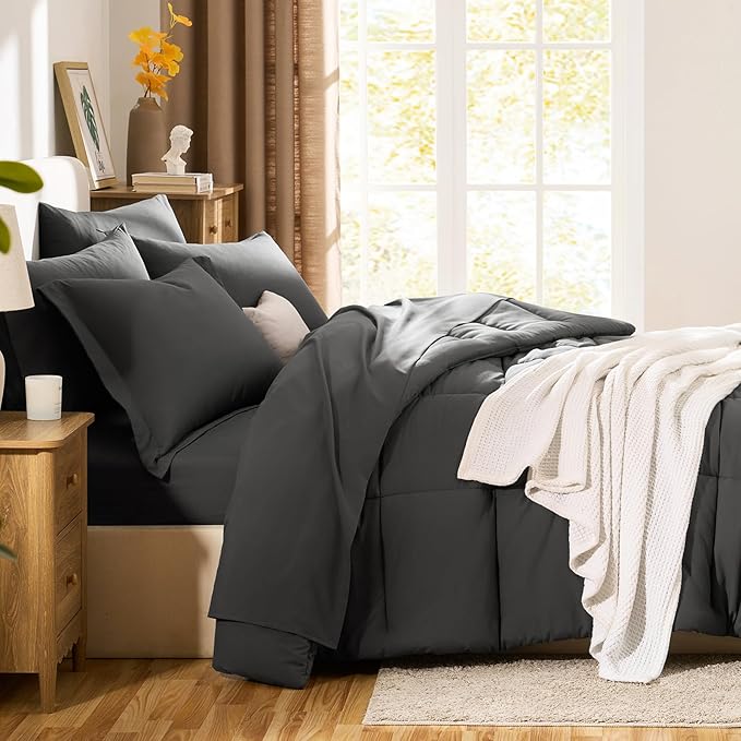 CozyLux Twin Comforter Set with Sheets Dark Grey - Ultra-Soft 5 Pieces Bed in a Bag Twin, Oeko-TEX Certified Bedding Set, All Season Bed Set with Down Alternative Comforter, Sheets, Pillowcase & Sham