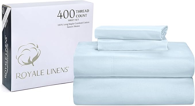 ROYALE LINENS 400 Thread Count 100% American Grown Cotton 3 Piece Sateen Twin Sheet Set - 1 Fitted Sheet, 1 Flat Sheet, 1 Pillow case - Green Twin Bedsheet - Cotton Sheets - (Twin, Florentine Sage)