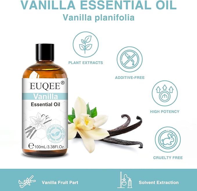 EUQEE Vanilla Essential Oil 100ml, 100% Natural and Pure Vanilla Oil for Aromatherapy Diffuser, Massage, DIY Soap, Candle Making, Skin & Hair Care - 3.38 Fl Oz
