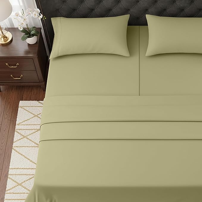 Elegant Comfort Luxurious 1500 Premium Hotel Quality Microfiber Three Line Embroidered Softest 5-Piece Bed Sheet Set, Wrinkle and Fade Resistant, Split King, Sage-Green