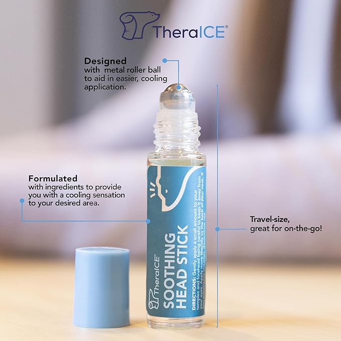 TheraICE Soothing Head Stick 10 ml (.33-Oz) Essential Oil Roll on Aromatherapy for Fast Cooling Comfort: Peppermint, Spearmint, Lavender, Chamomile, Rosemary, Eucalyptus. Metal Roller. USA Made