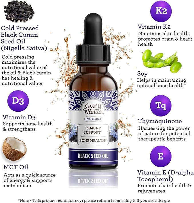 GuruNanda Black Seed Oil, Cold-Pressed Nigella Sativa - Rich in Vitamin D3 5000 Units, K2 & E, High Thymoquinone | Potent Antioxidant for Immune Support, Non-GMO, 2 Fl.oz (Pack of 3)