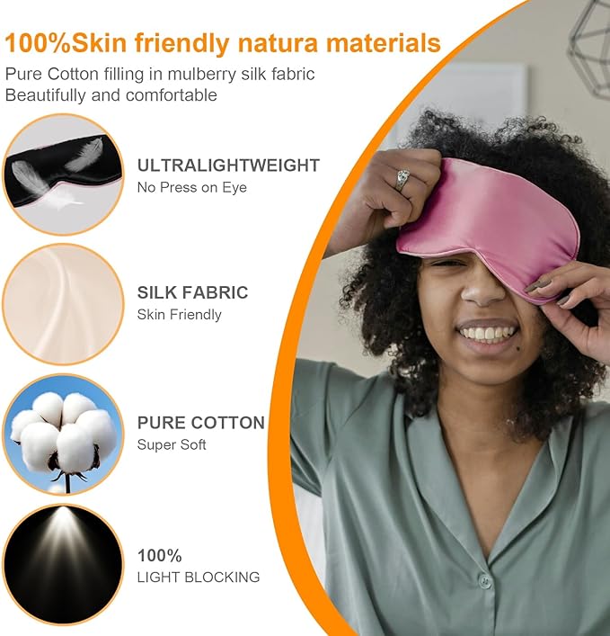 Silk Sleep Mask, Black, Adjustable Strap for Light Blocking, Travel Rest, Puffy Eyes Relief, Single Pack (Pink)
