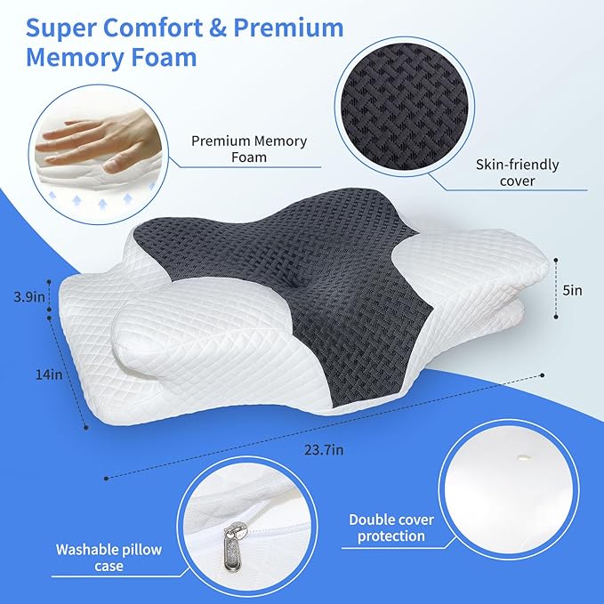 Cervical Pillow for Neck Pain Relief, Hollow Design Memory Foam Bed Pillow for Side & Back Sleepers, Ergonomic Contour Orthopedic Bed Pillow with Adjustable Support