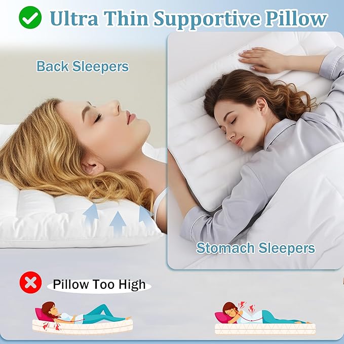 Ultra Thin Flat Pillows Standard Size Set of 1 Pack, 2 Inch Height Slim Pillows, Down Alternative Filled Low Bed Pillows for Back and Stomach Sleepers 18x26